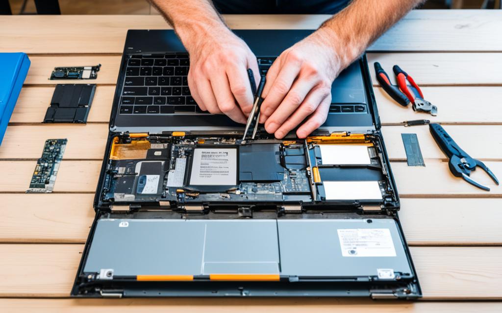 Technician replacing a MacBook Pro battery in Dubai using high-quality replacement parts.