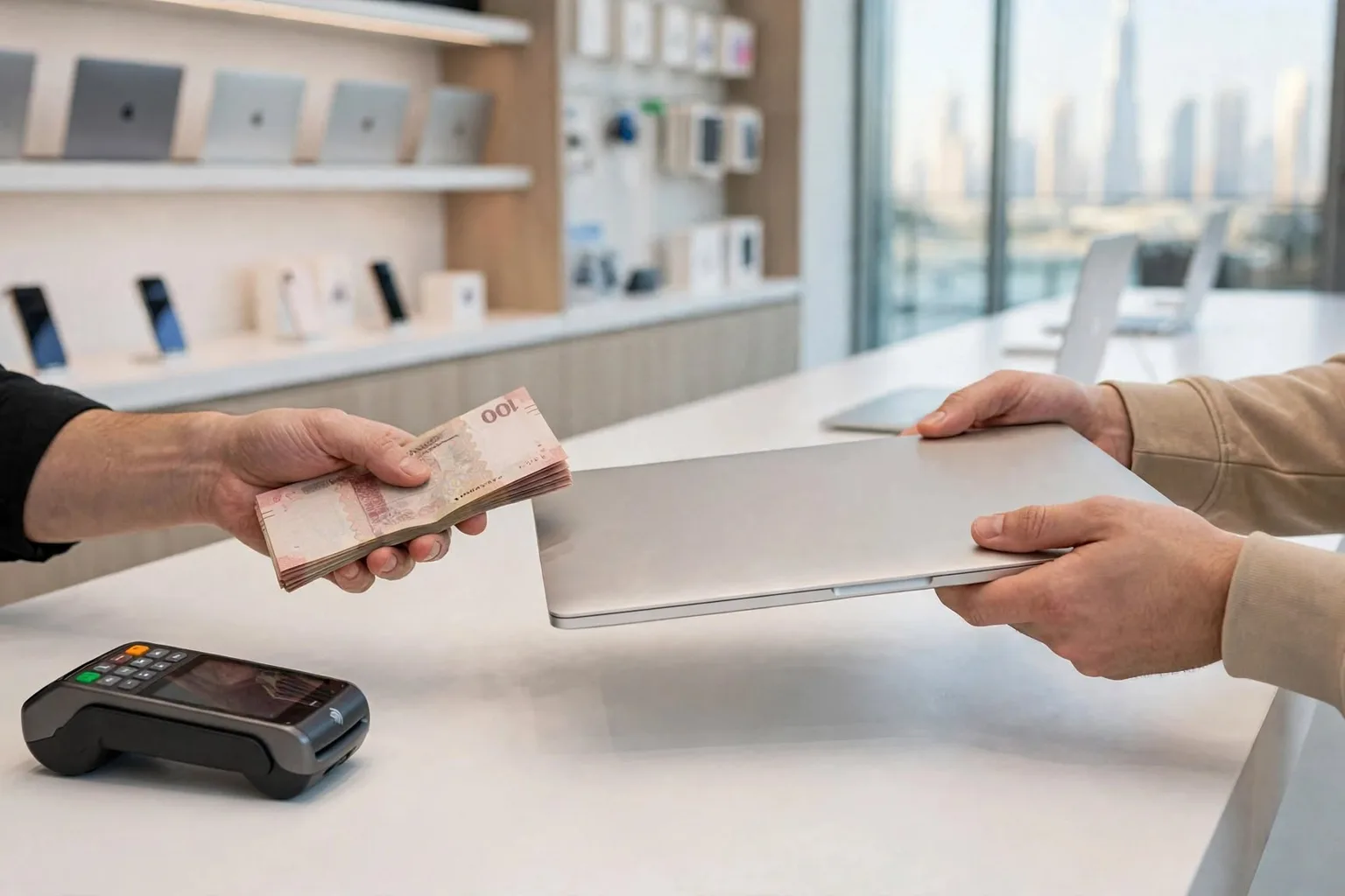 Customer selling a MacBook for instant cash at AppleBuySell shop in Dubai, UAE